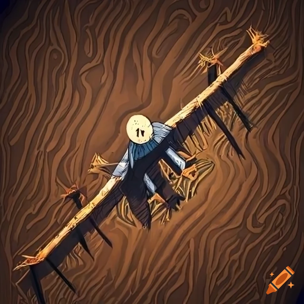 cartoonish scarecrow in a field with crows