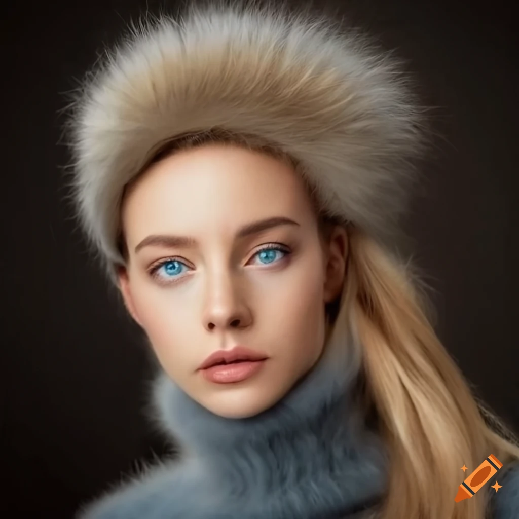 Woman in fluffy mohair turtleneck sweater and fur headband