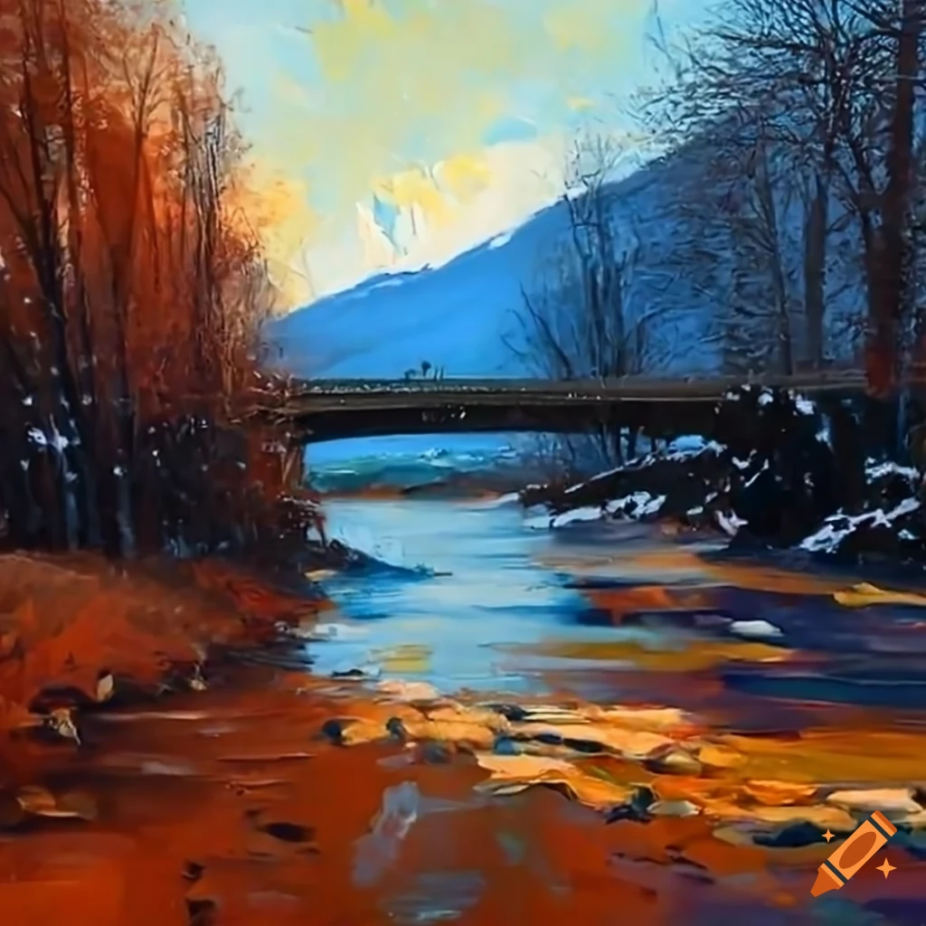 painting of a man in a reddish-orange jacket walking out of a river in the snow