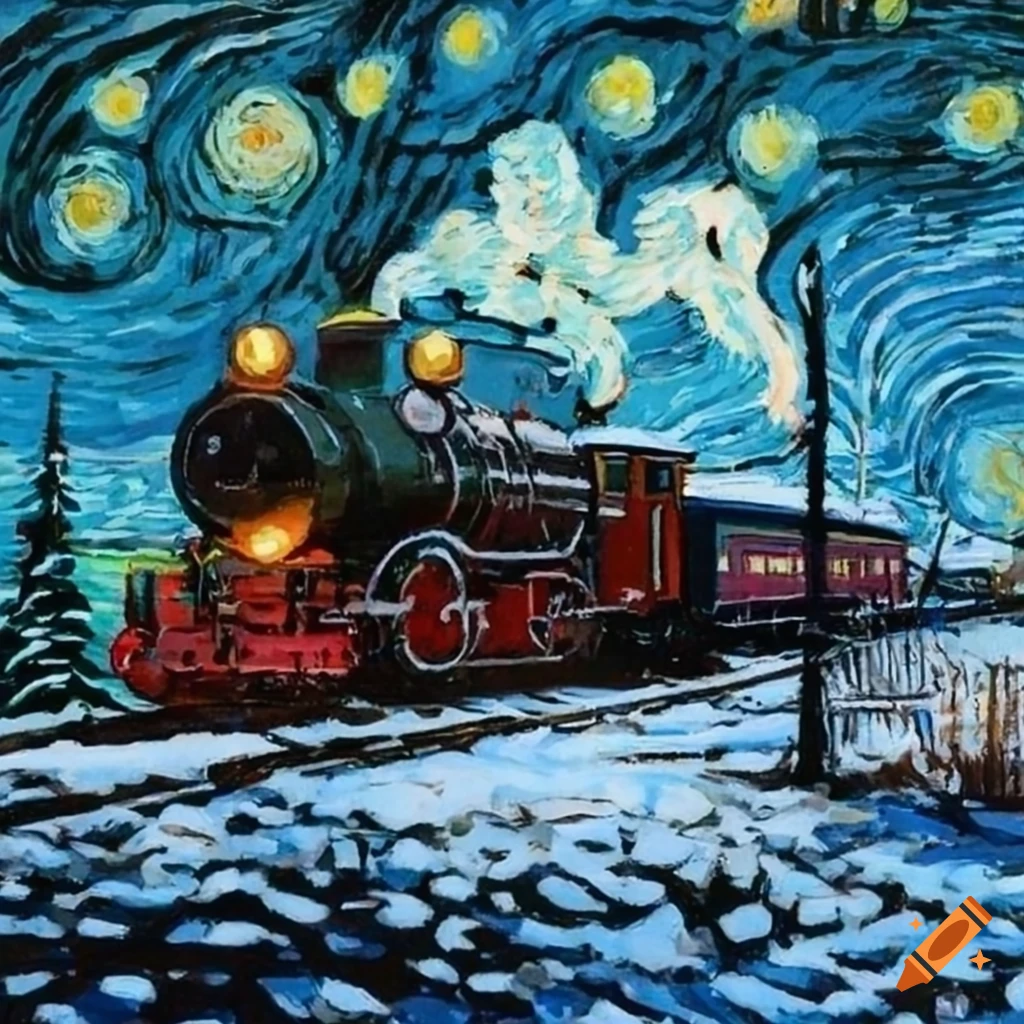 Christmas card with a Van Gogh style train in the snow