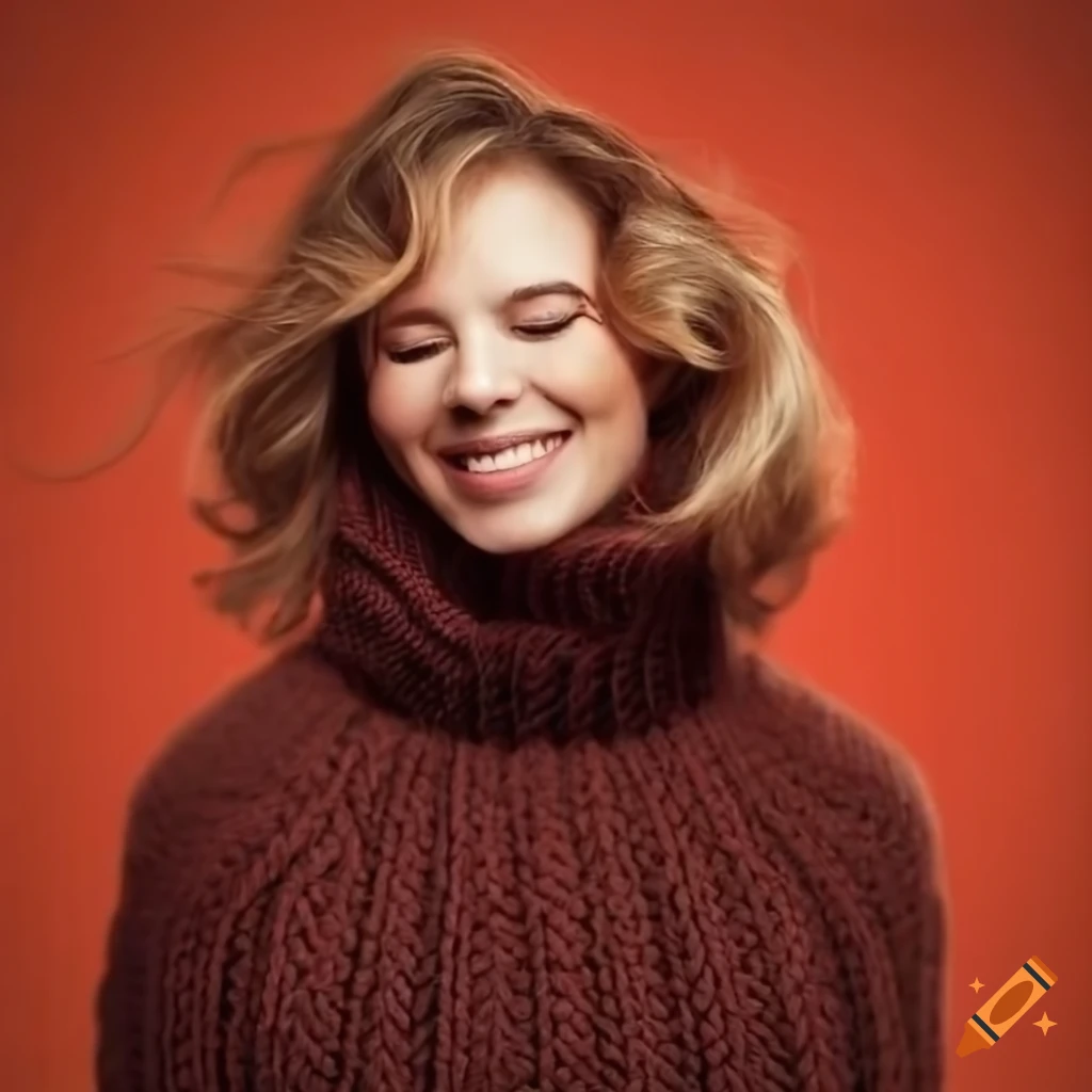 Woman wearing a chunky knit turtleneck sweater