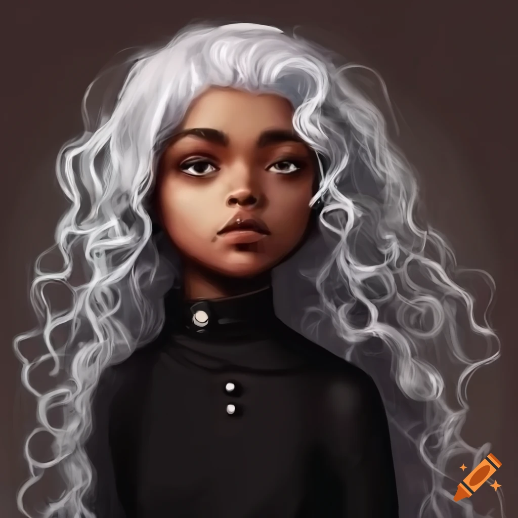 girl with curly white hair and black clothes