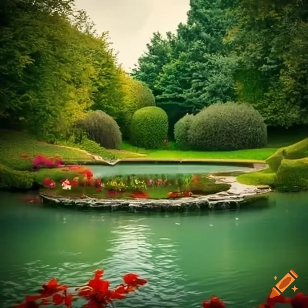 Vibrant garden landscape with blooming flowers and curved stairs on Craiyon