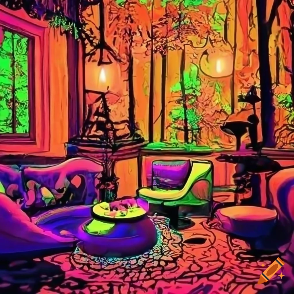colorful and cozy jazz lounge with blacklights