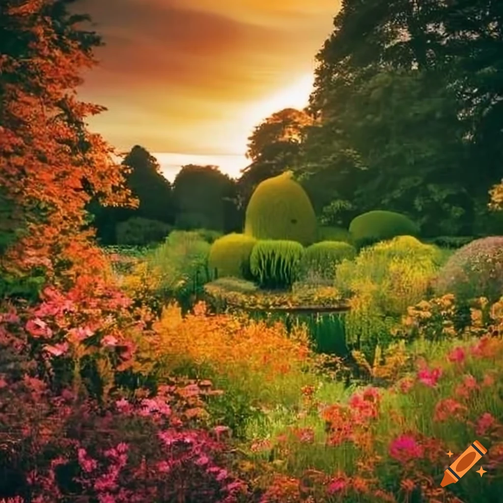 sunset over an English garden