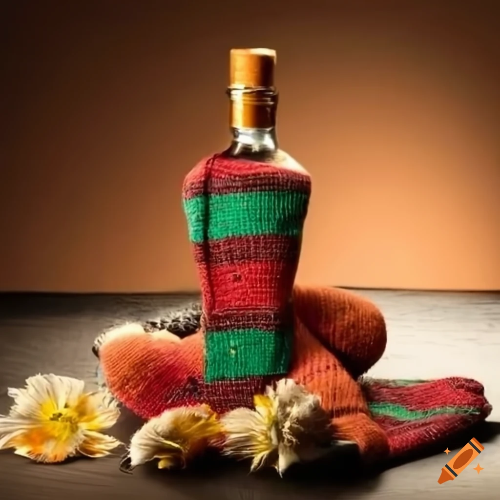 arrangement of rum bottle, flowers, and perfume in a sock