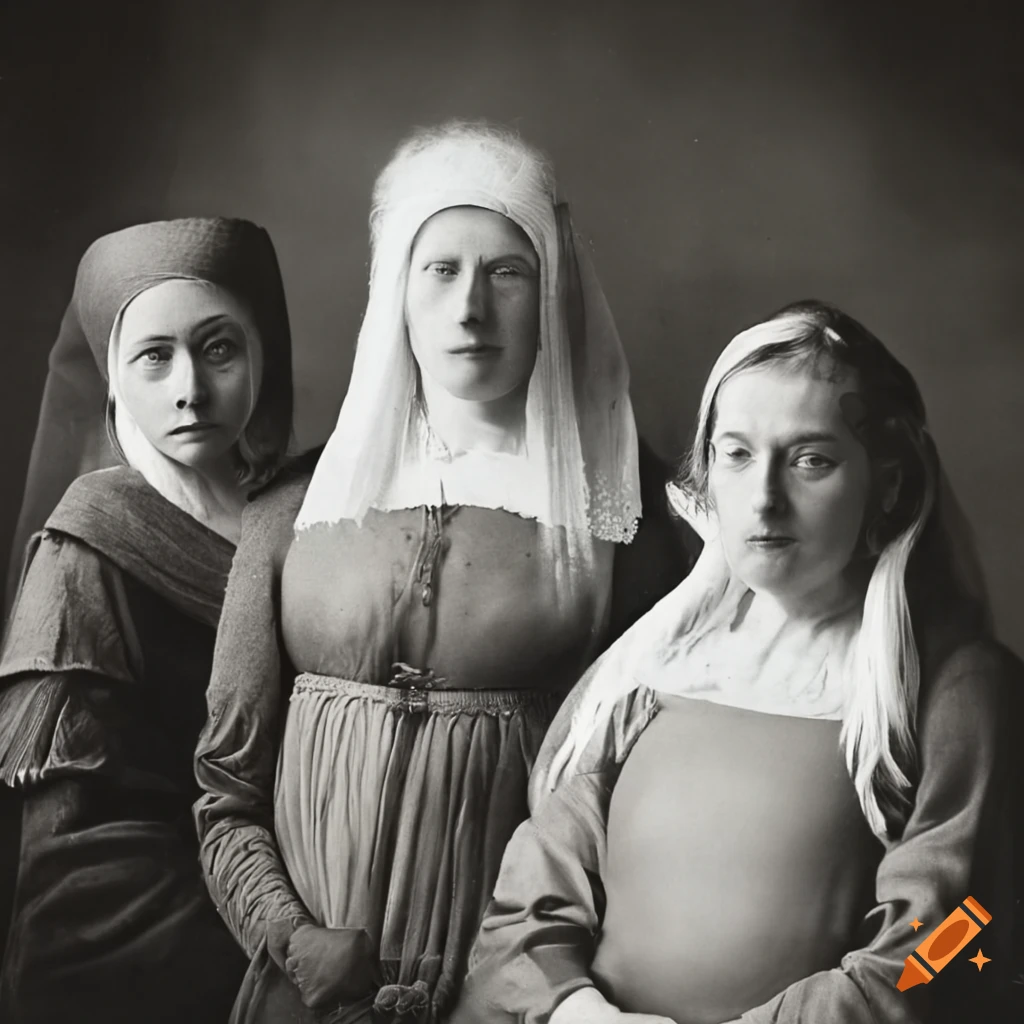 black and white image of three women in a medieval setting