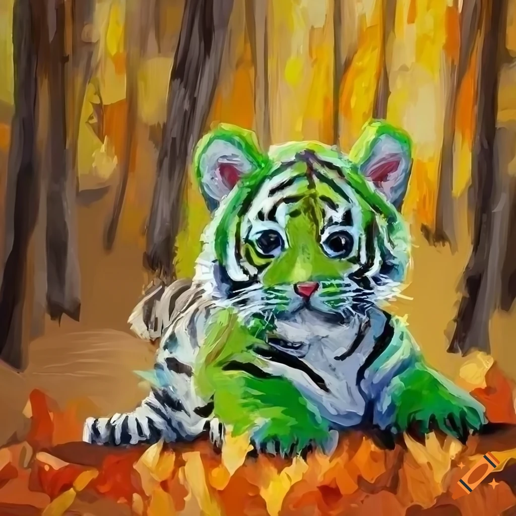 Palette knife painting of a green tiger cub in an autumn forest