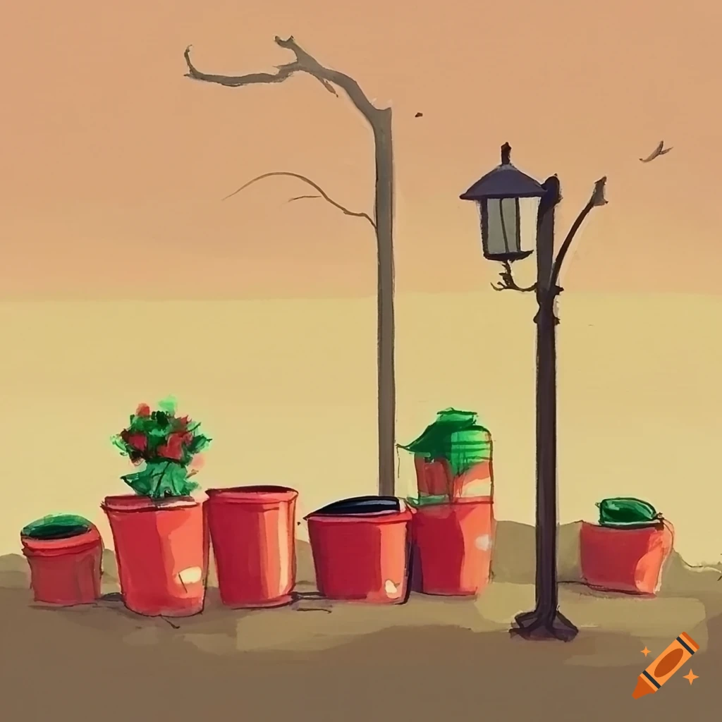 pastel artwork of a backyard with metal pole and red pots