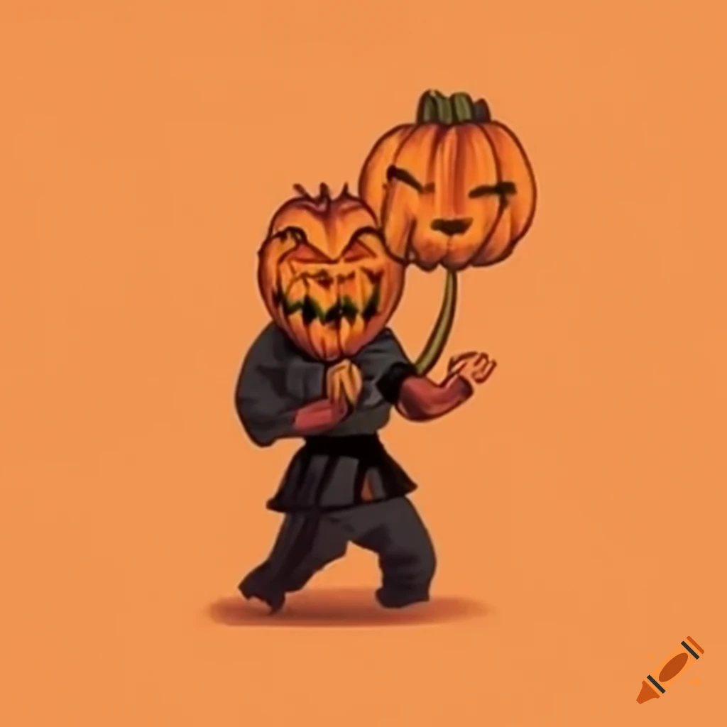 funny pumpkin dressed as a karate master