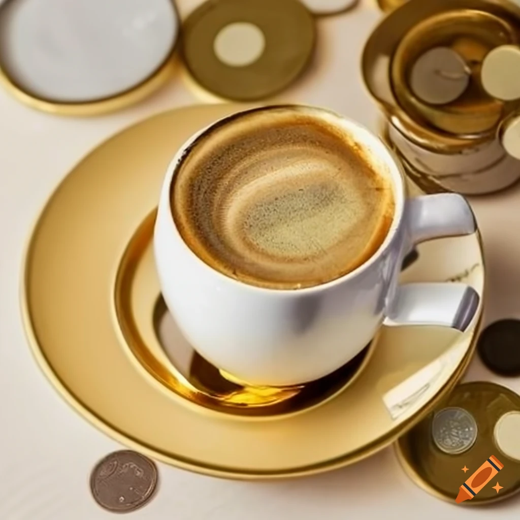 coffee cup surrounded by gold and silver coins