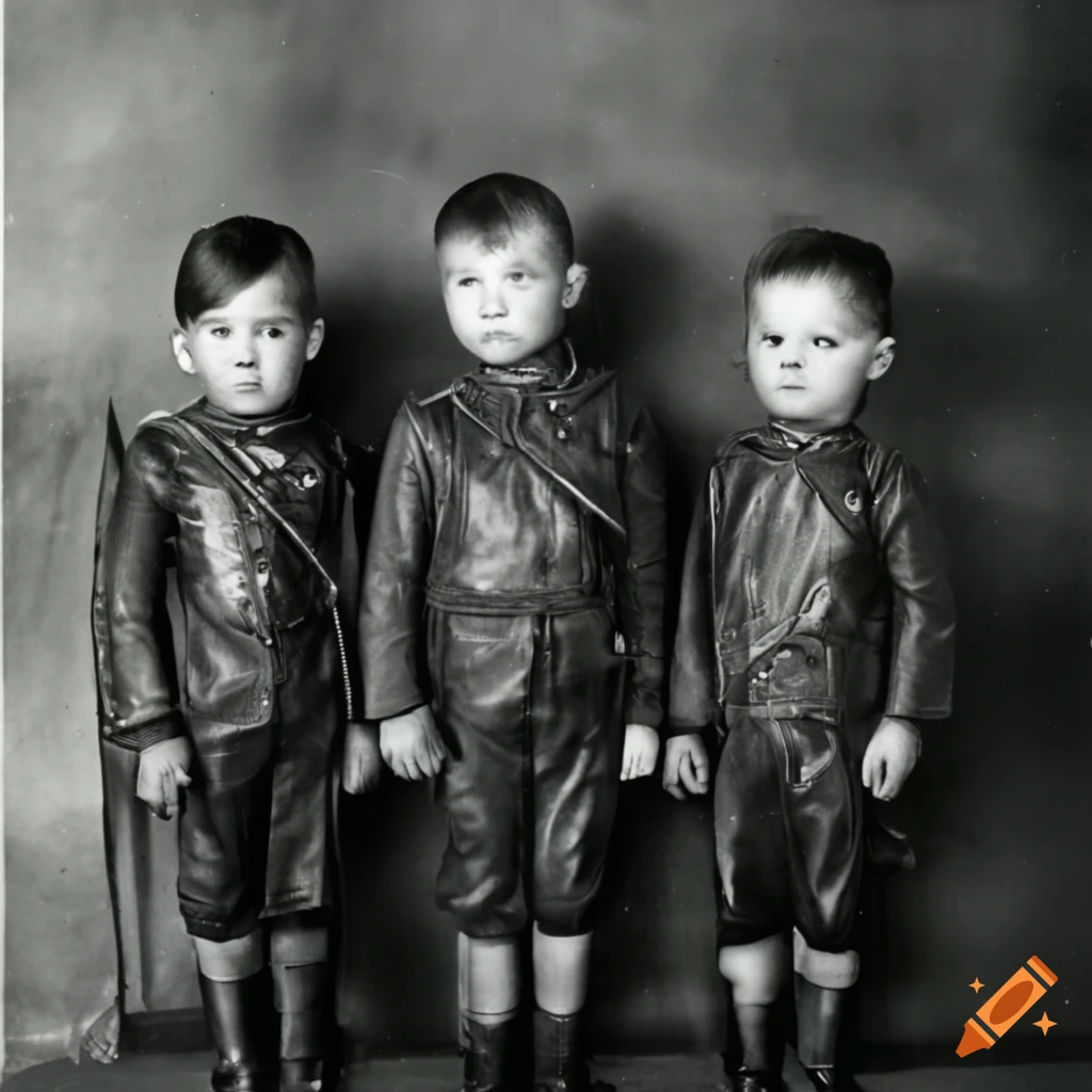 vintage photograph of three toddler boys in British uniforms