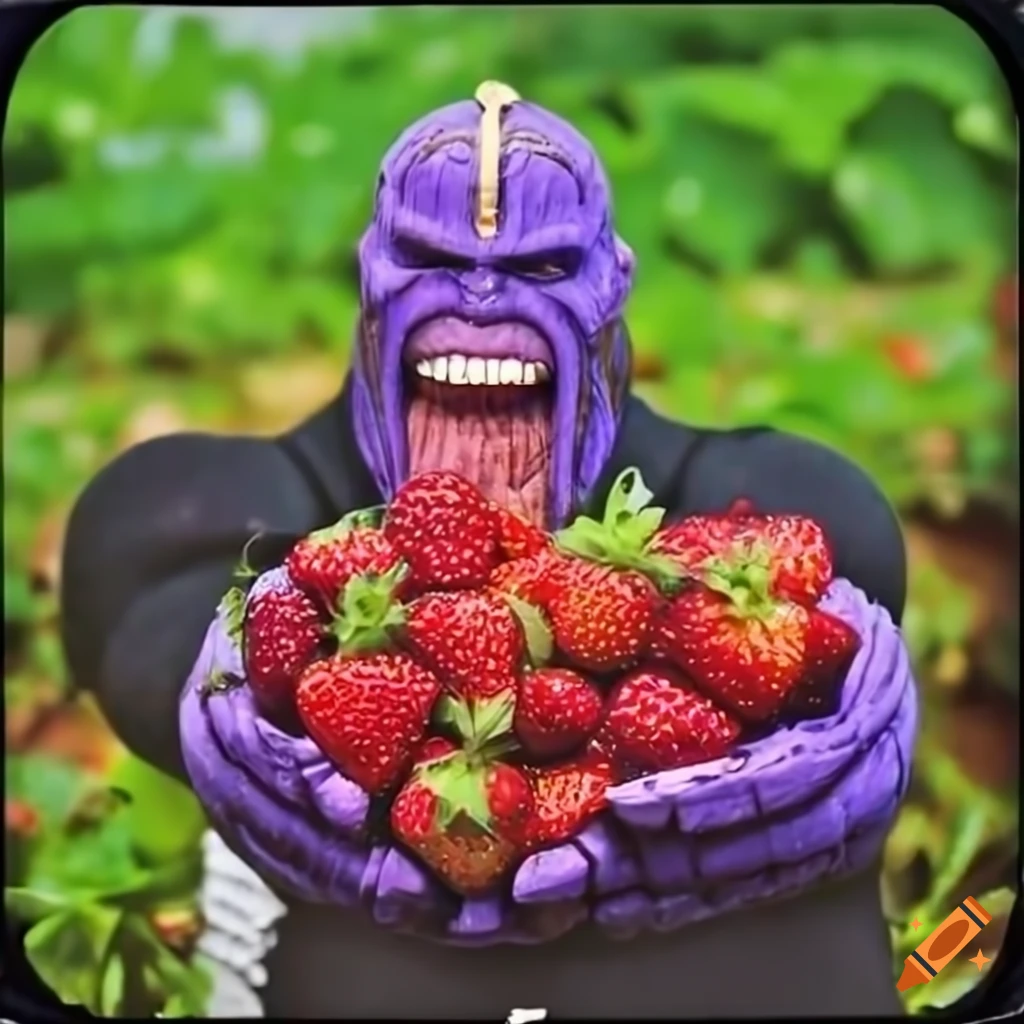 Thanos enjoying strawberries in a strawberry field