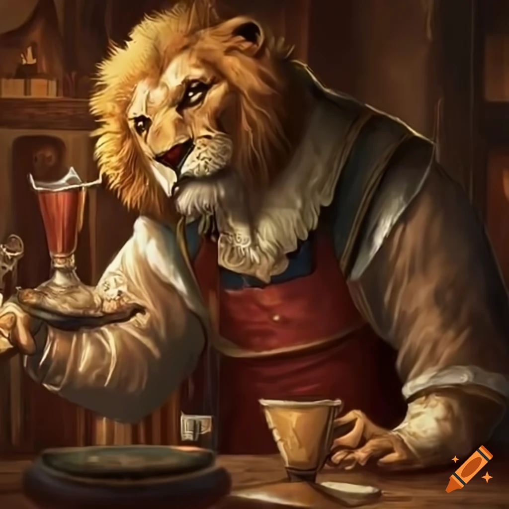 image of a noble lionman bartender in a tavern