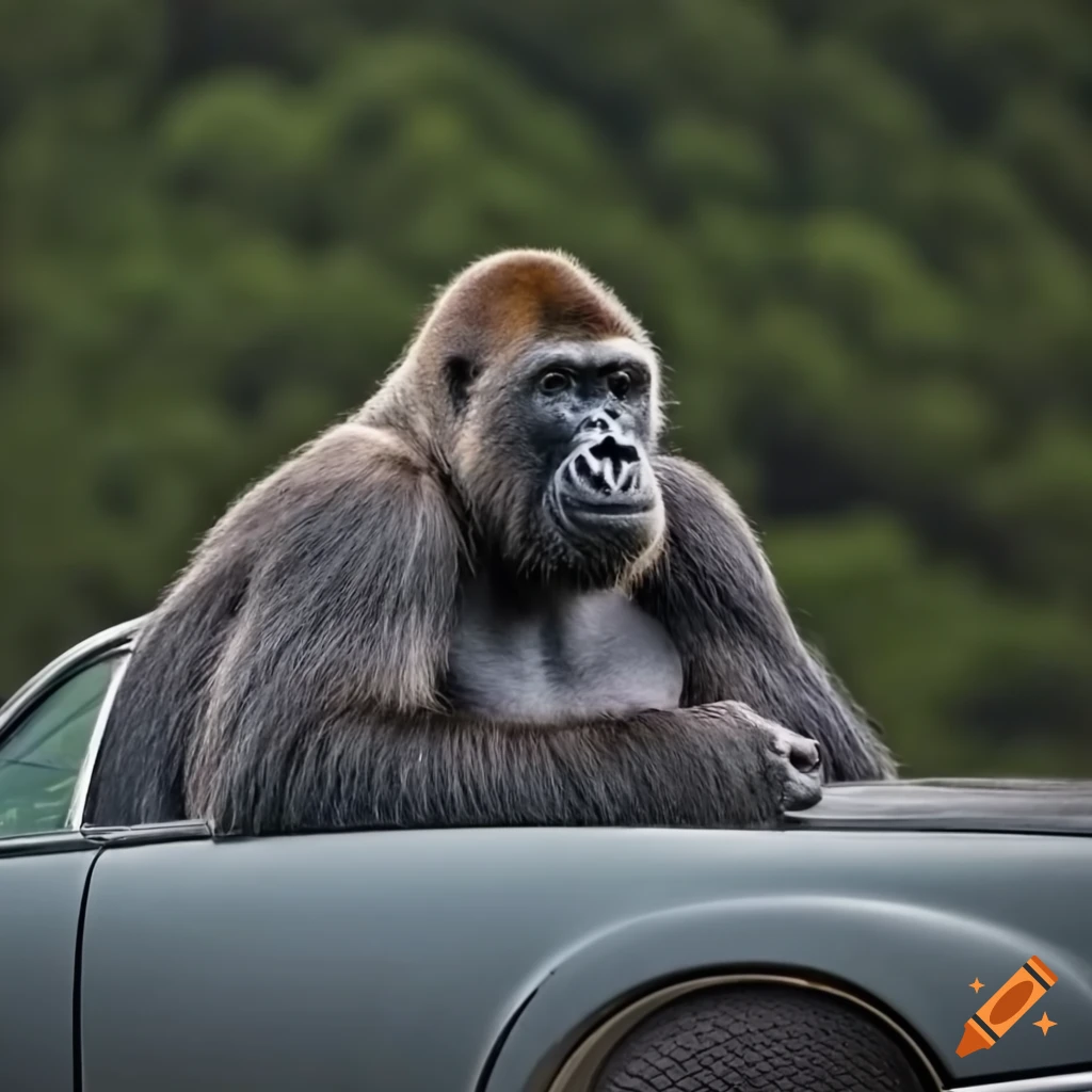 Gorilla sitting in a car