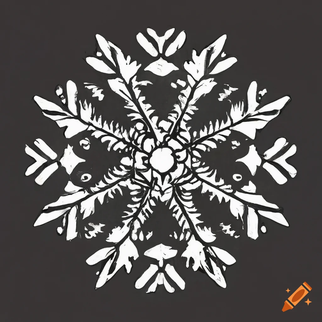 medieval drawing of a snowflake on black background