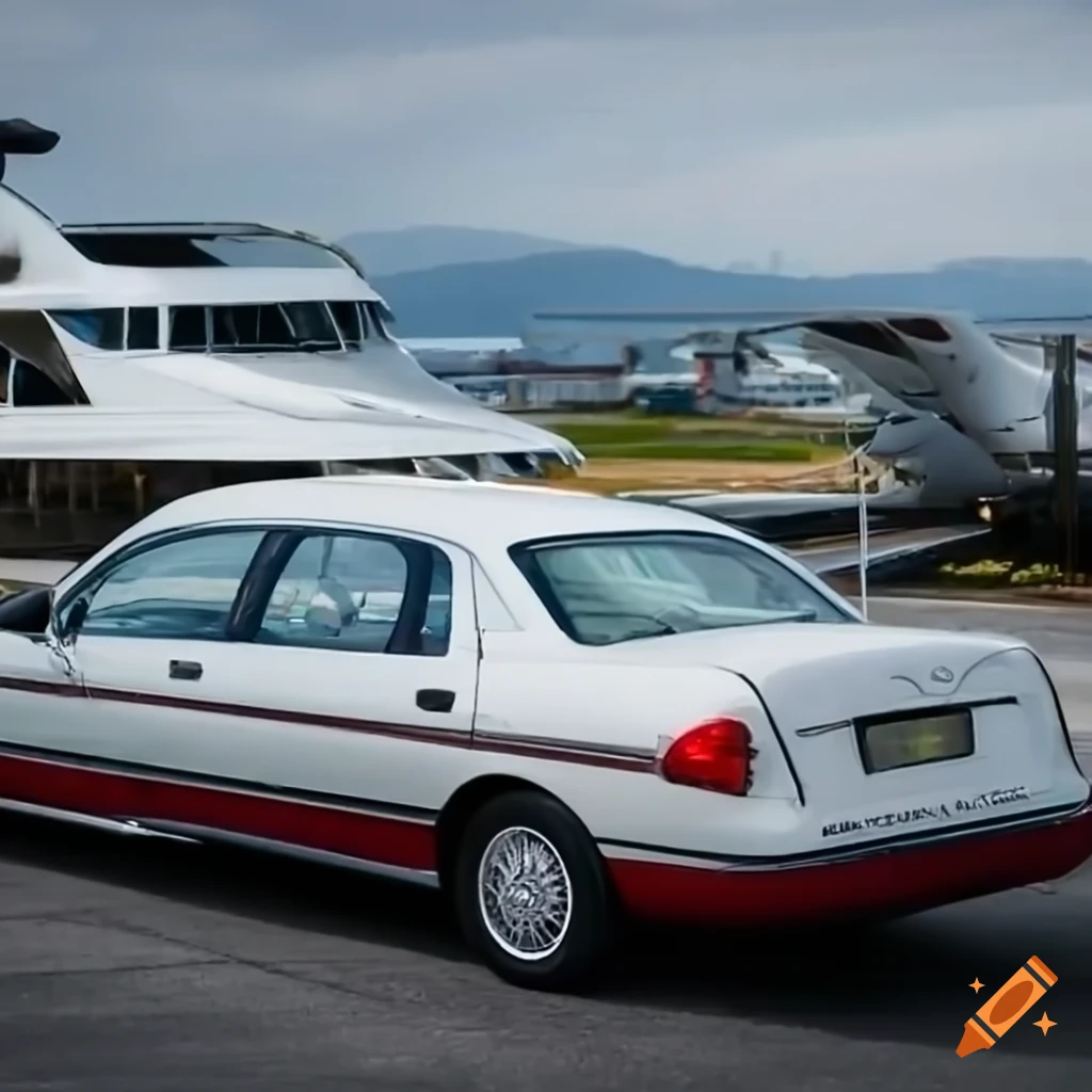 luxury car parked in front of a private jet by the sea