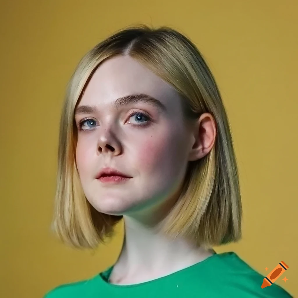 Elle fanning with straight bob haircut and green t-shirt on Craiyon