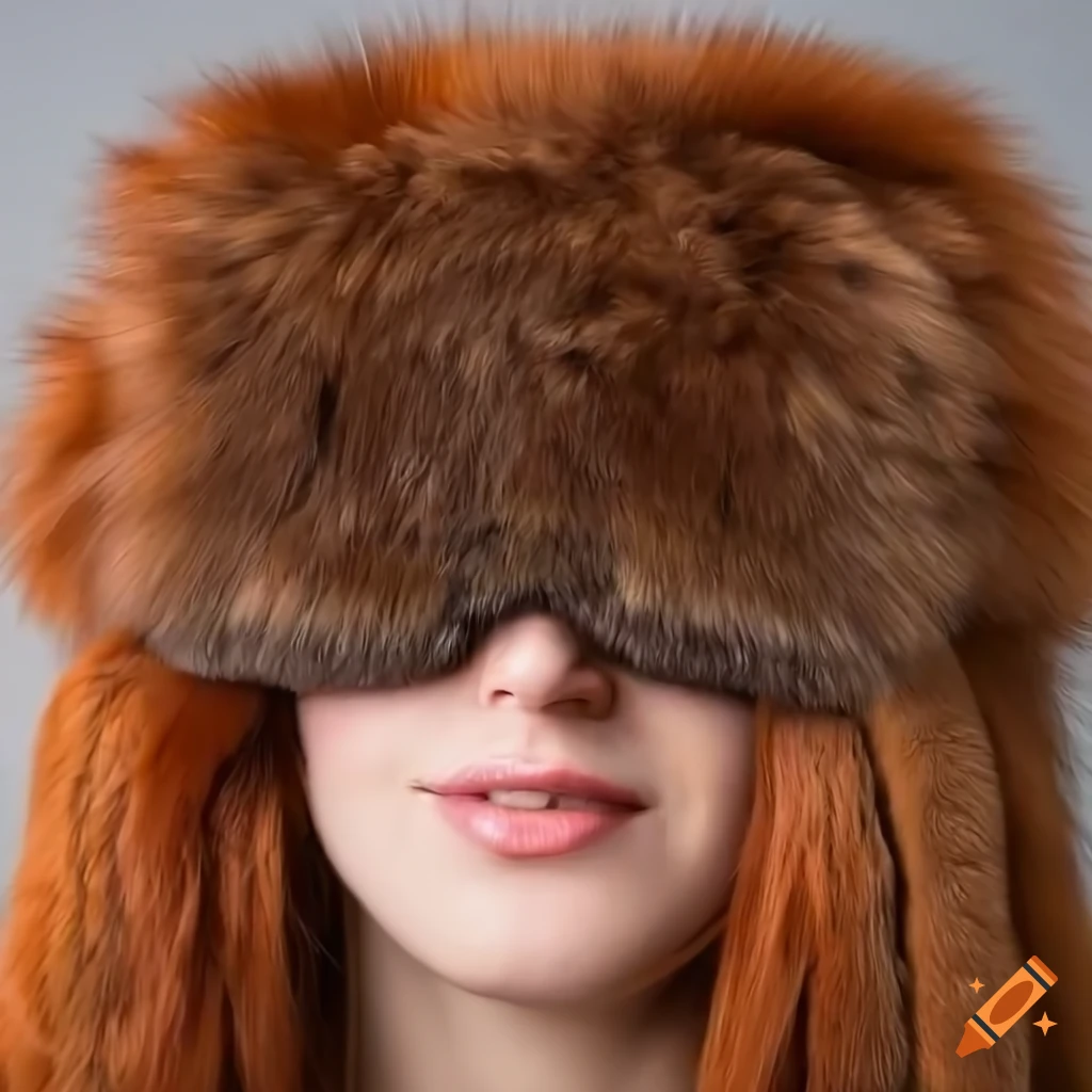 Woman in red hair wearing a fur coat and sleep mask on Craiyon