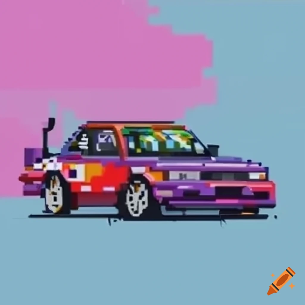 Pixel art of a drifting nissan tsuru rally car
