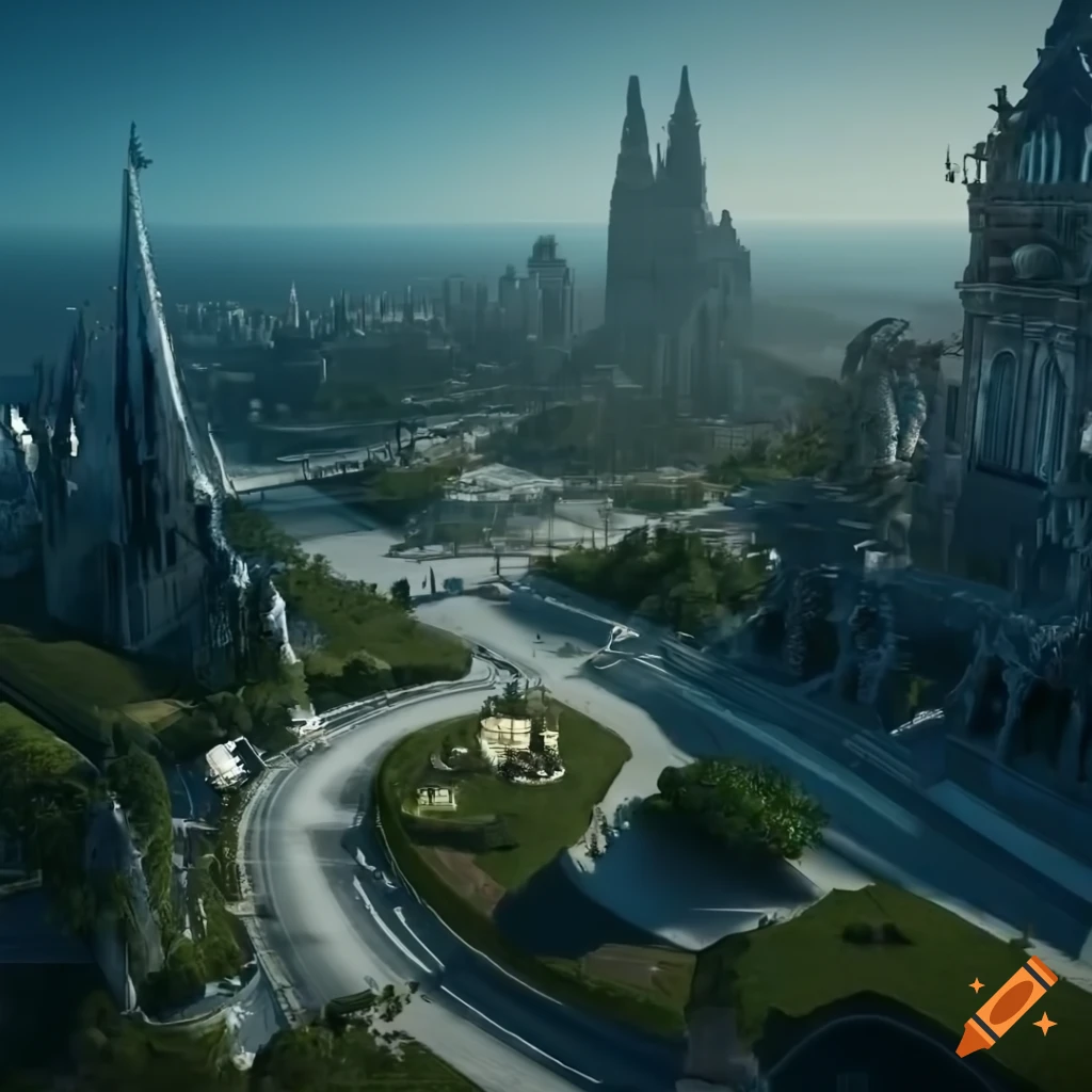 detailed fantasy artwork of a crystal boulevard with gardens and white stairs