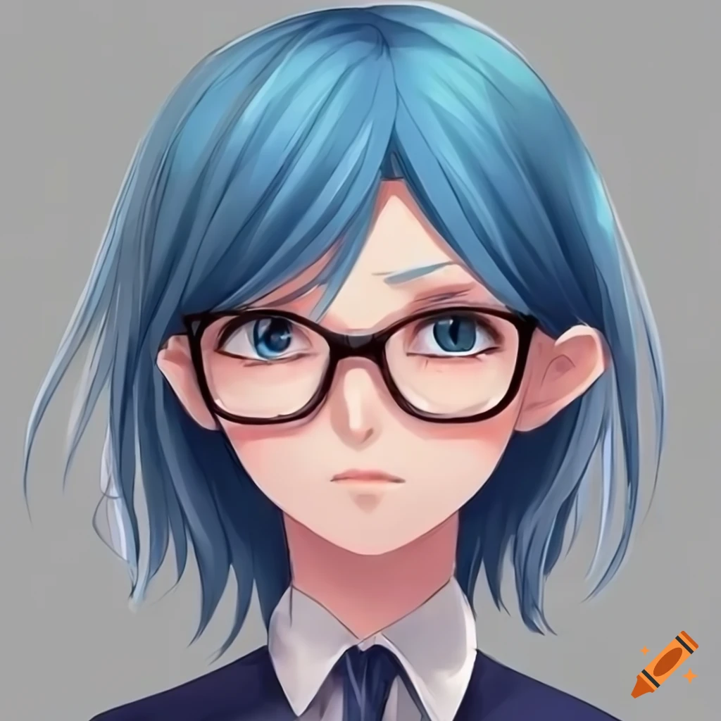 anime character with glasses and blue hair