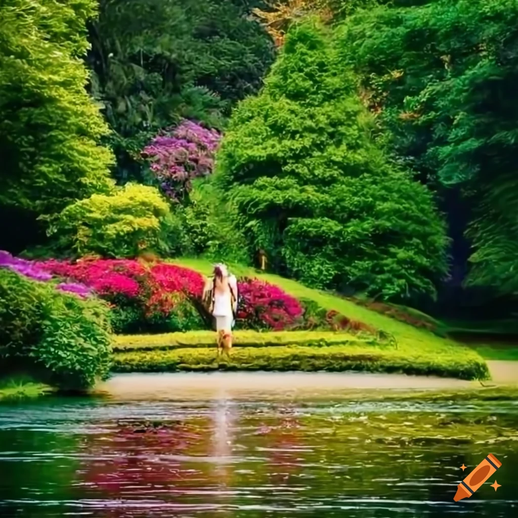 vibrant garden with blooming flowers and curved stairs