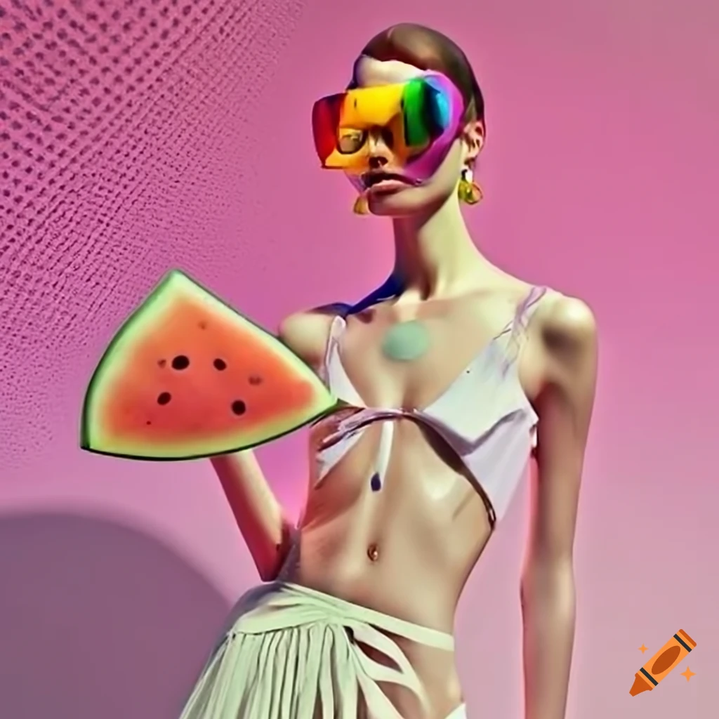 high fashion model in cream and pastel clothes with colorful dots background