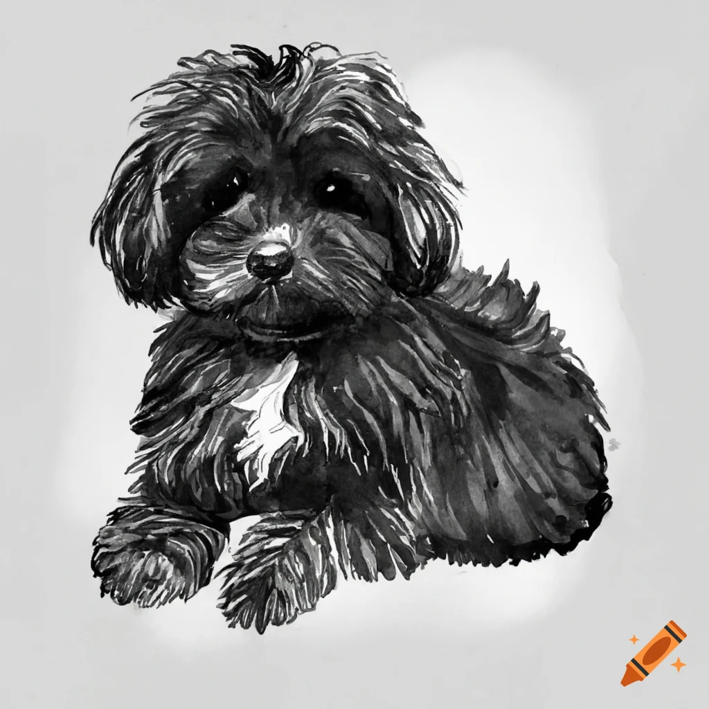 adorable drawing of a black Pomapoo on a couch