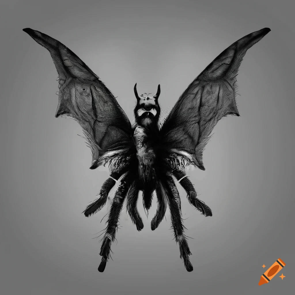 black and white illustration of a tarantula with bat wings