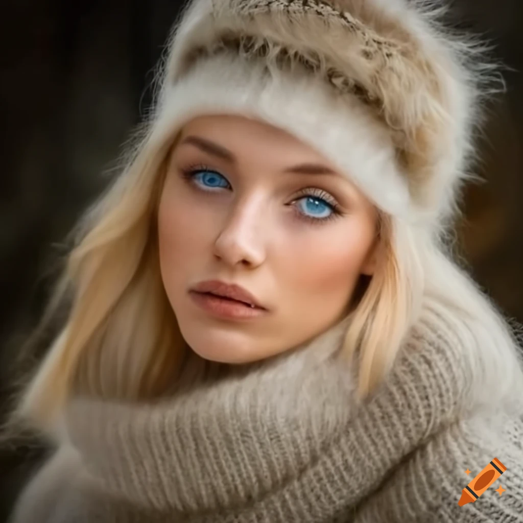 Woman wearing a fluffy mohair turtleneck sweater and fur headband
