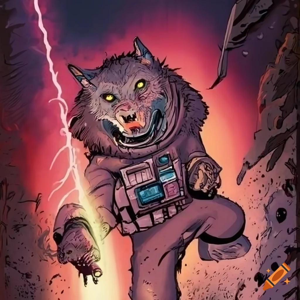cover art of a werewolf astronaut in a laser beam shootout