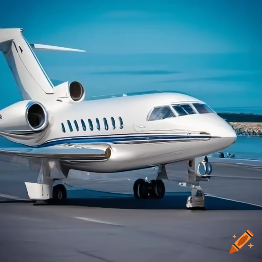luxury car parked in front of a private jet by the sea