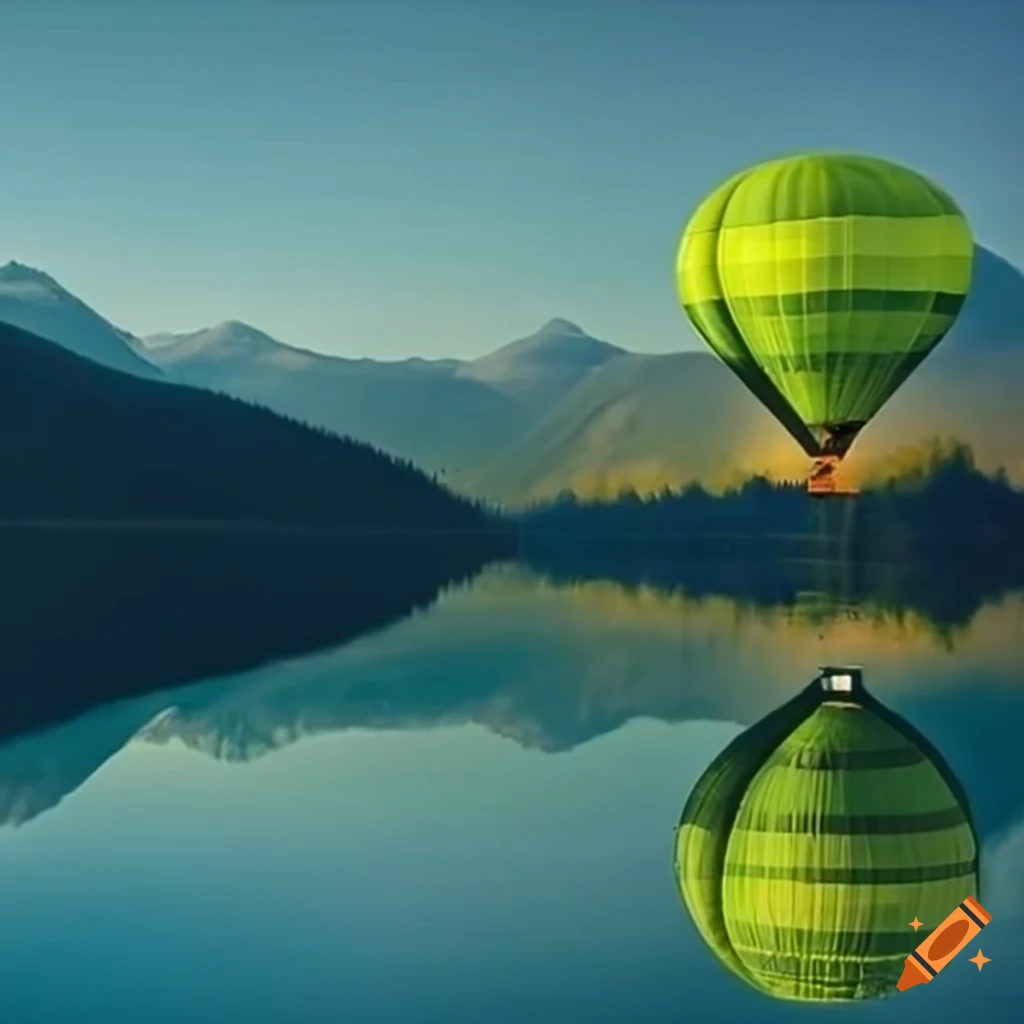 hot air balloon reflecting on mountain lake
