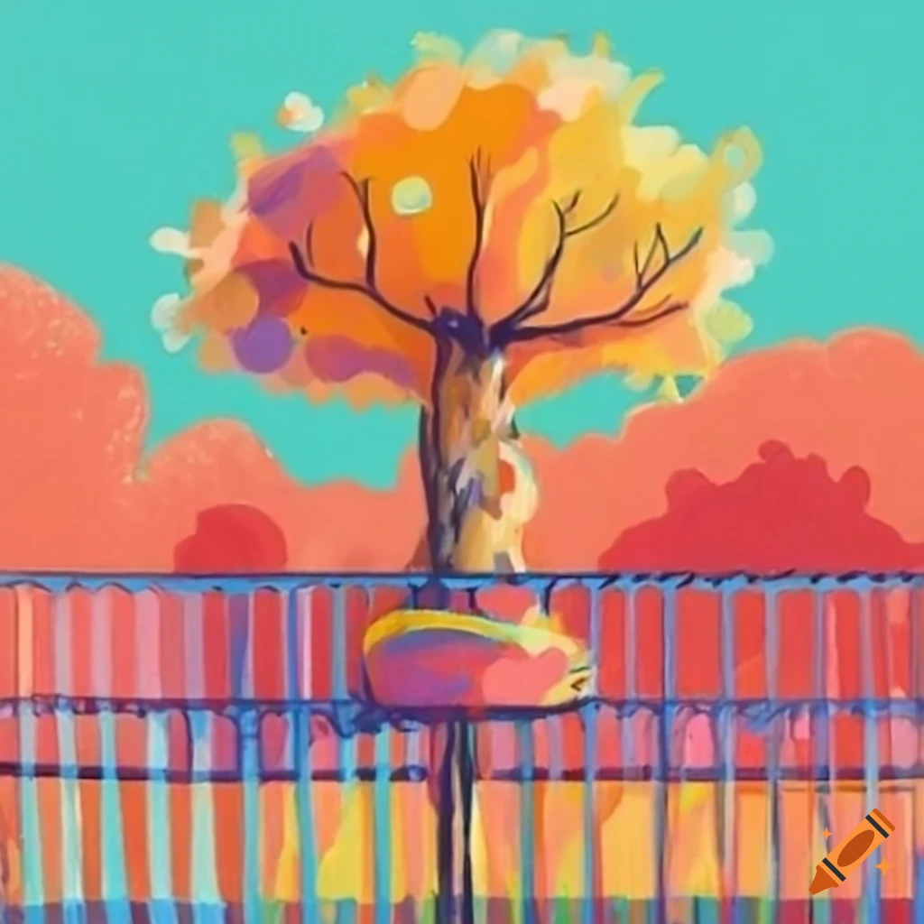 pastel artwork of a backyard with metal pole and red pots