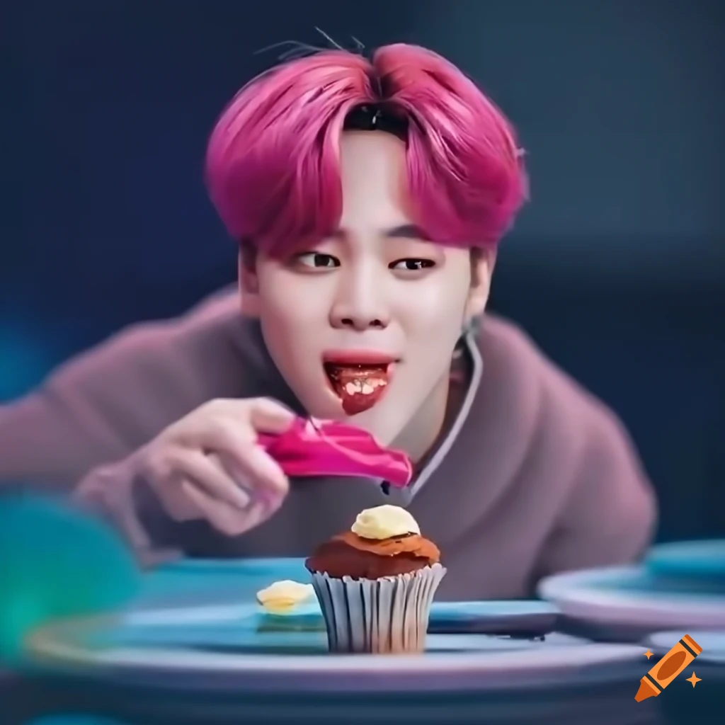 surreal image of Park Jimin eating a cupcake