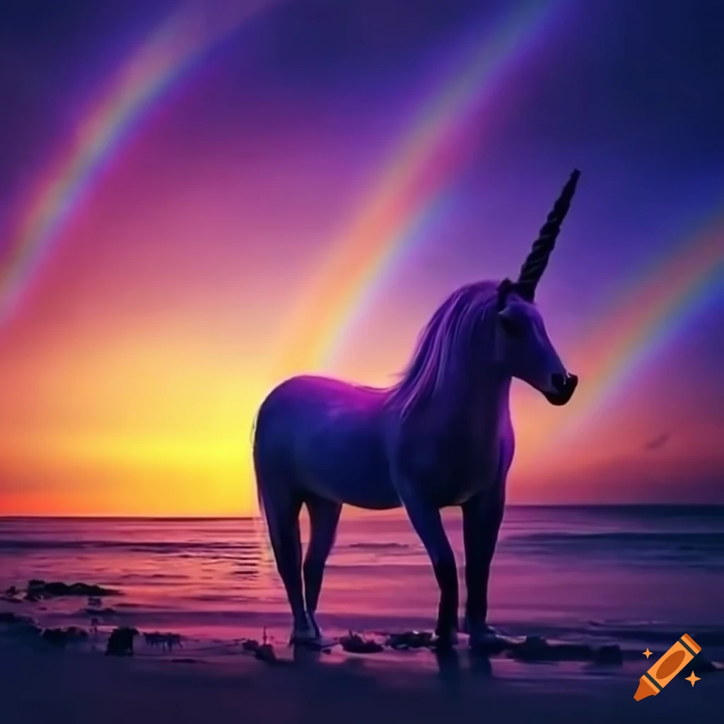 unicorn with rainbow at sunset