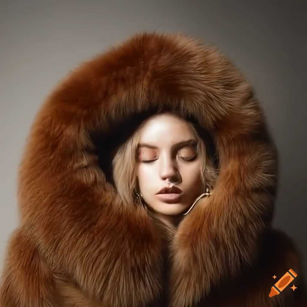 Woman wearing a fluffy fur coat and sleep mask on Craiyon