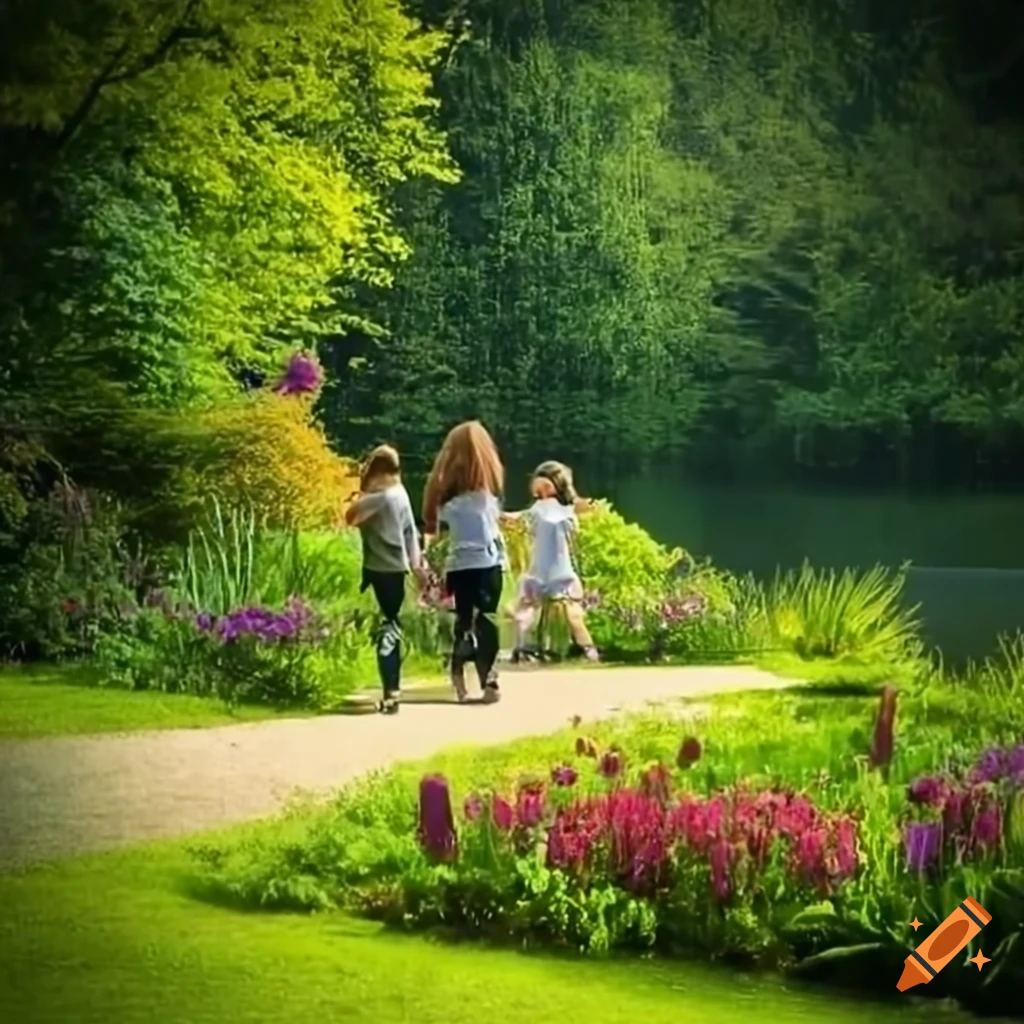 family walking by the lake in a garden