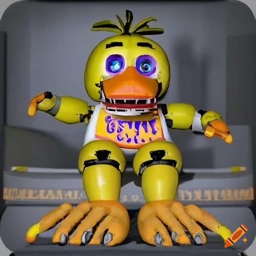 Shattered chica from fnaf looking for a new beak to wear but finds a mask  of her self