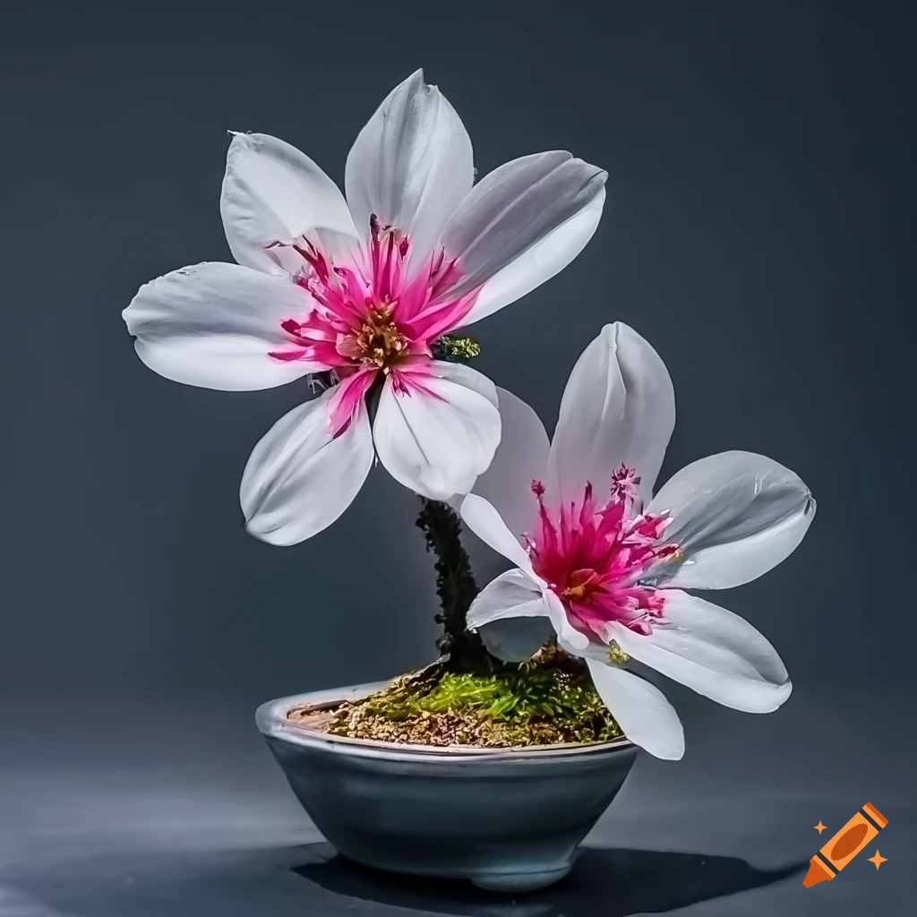 epic pink and white flower bonsai on black background