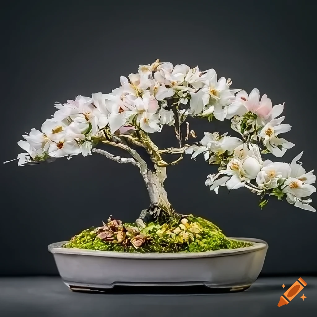 hyper-realistic bonsai with white and pink flowers