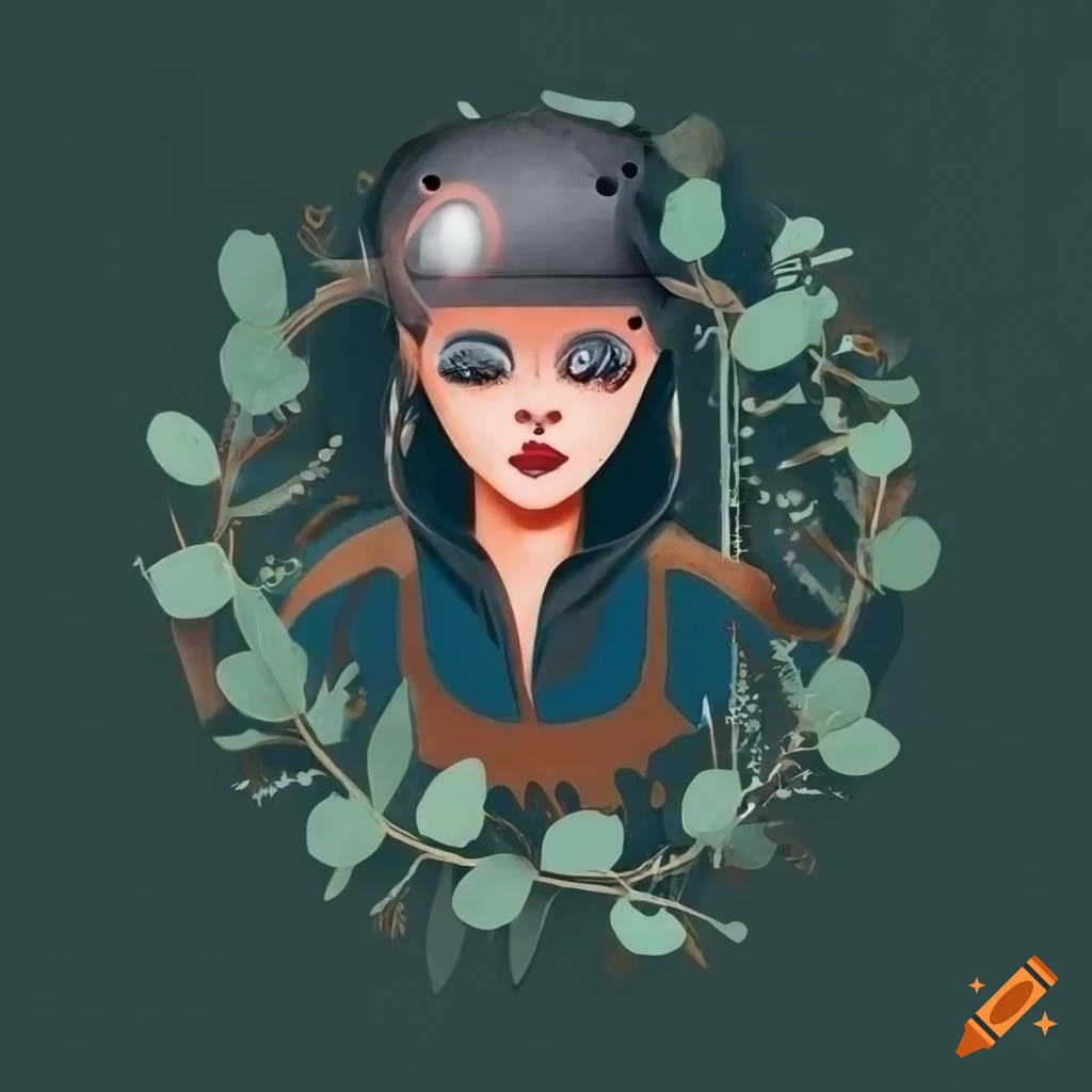 logo of a girl in welding gear surrounded by eucalyptus leaves