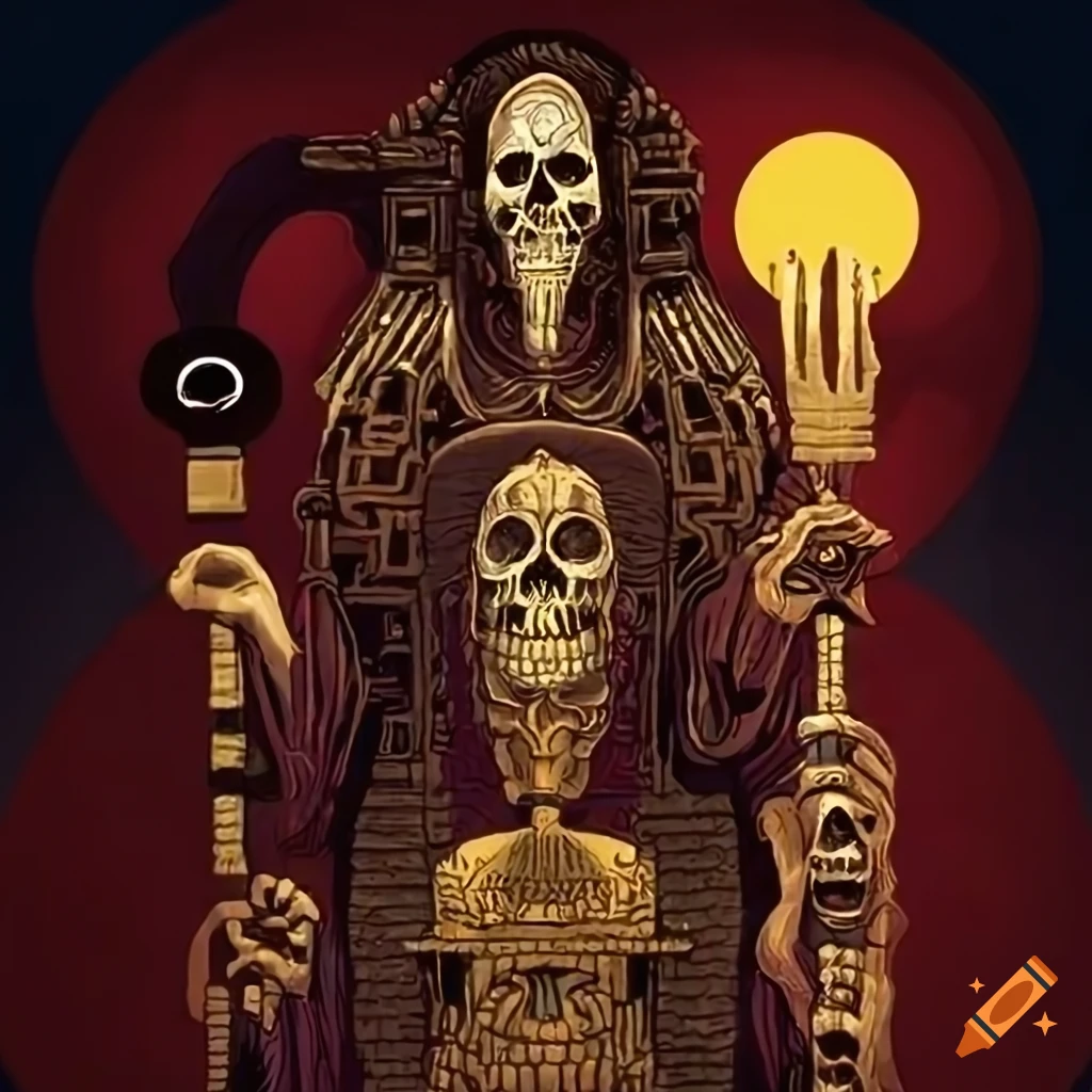 illustration of Santa Muerte tarot card with Mayan and African Totem Poles of the Dead
