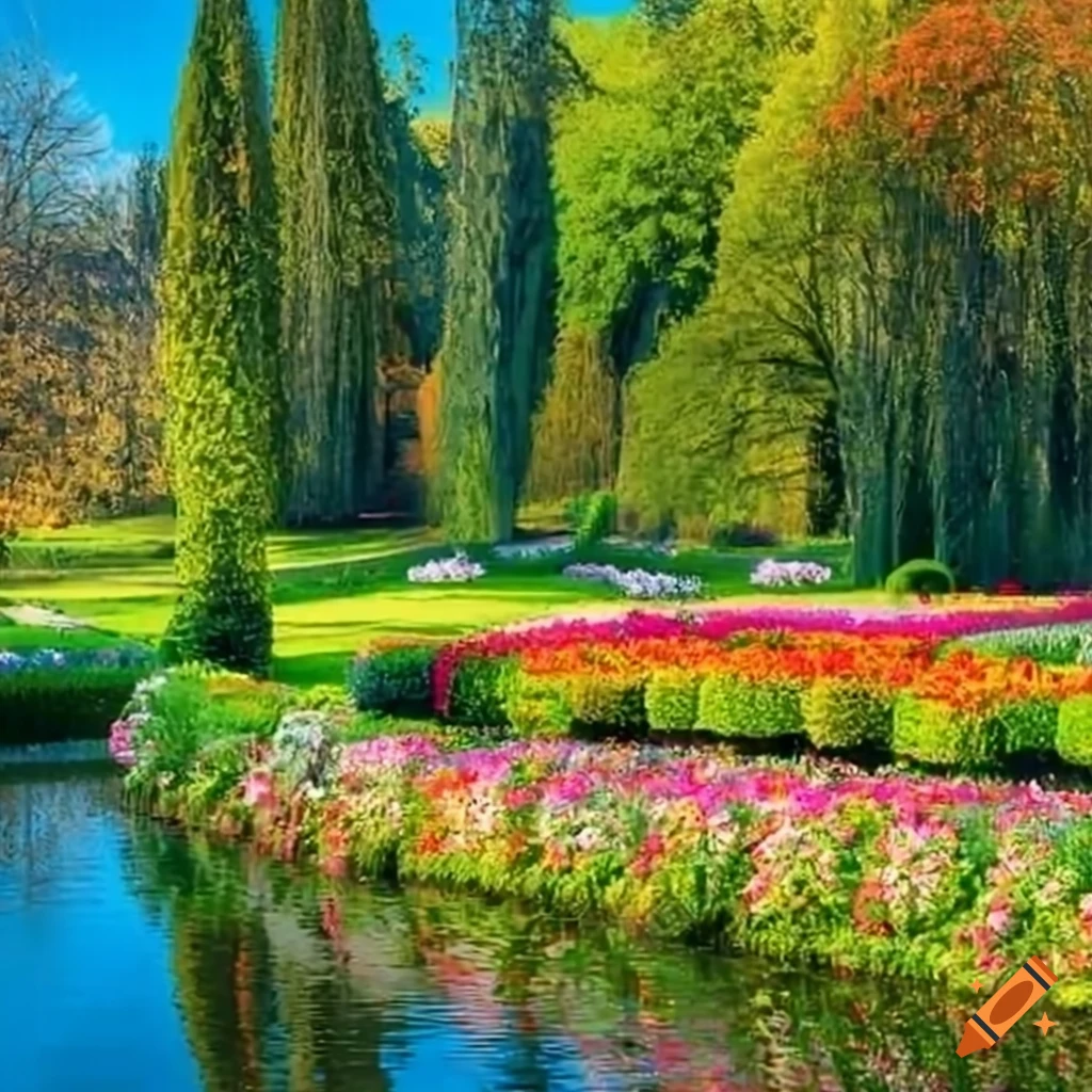 vibrant garden landscape with a family walking by the lake