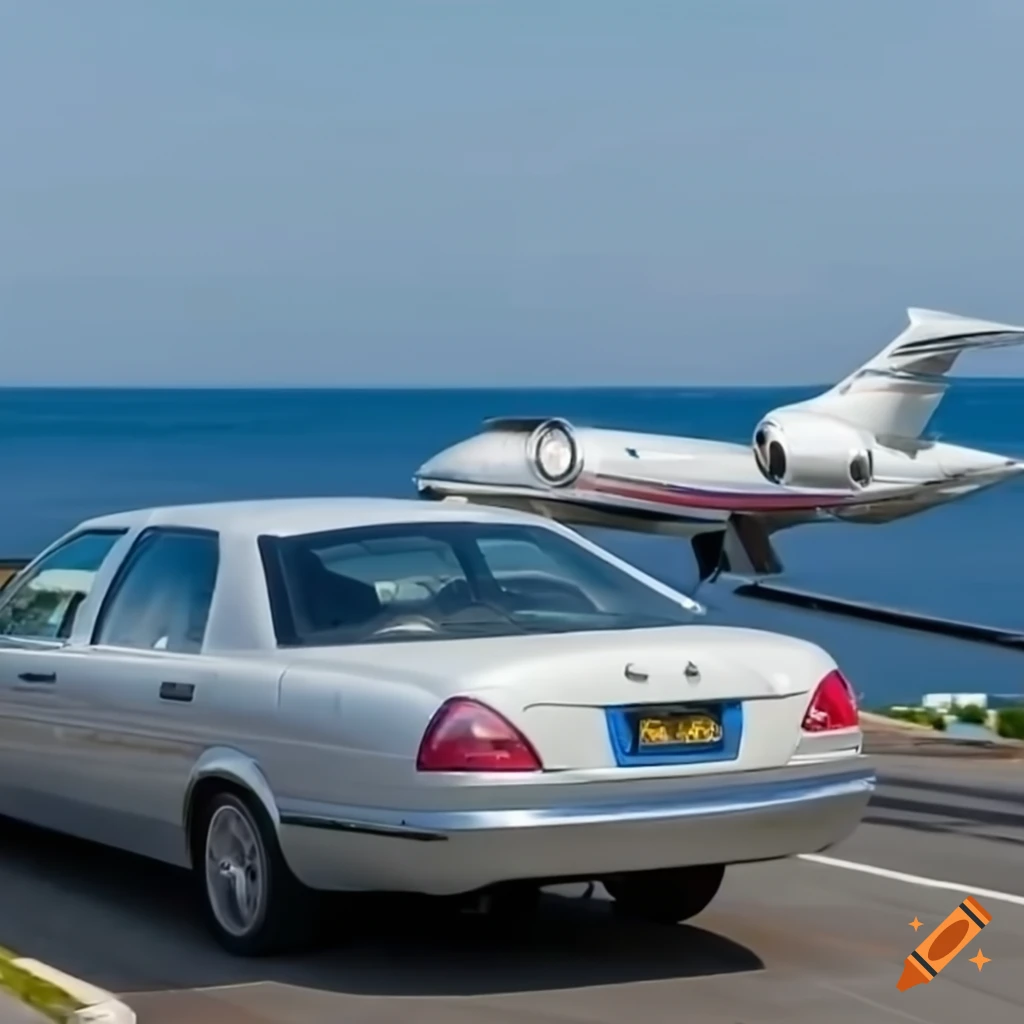 luxury car parked in front of a private jet by the sea