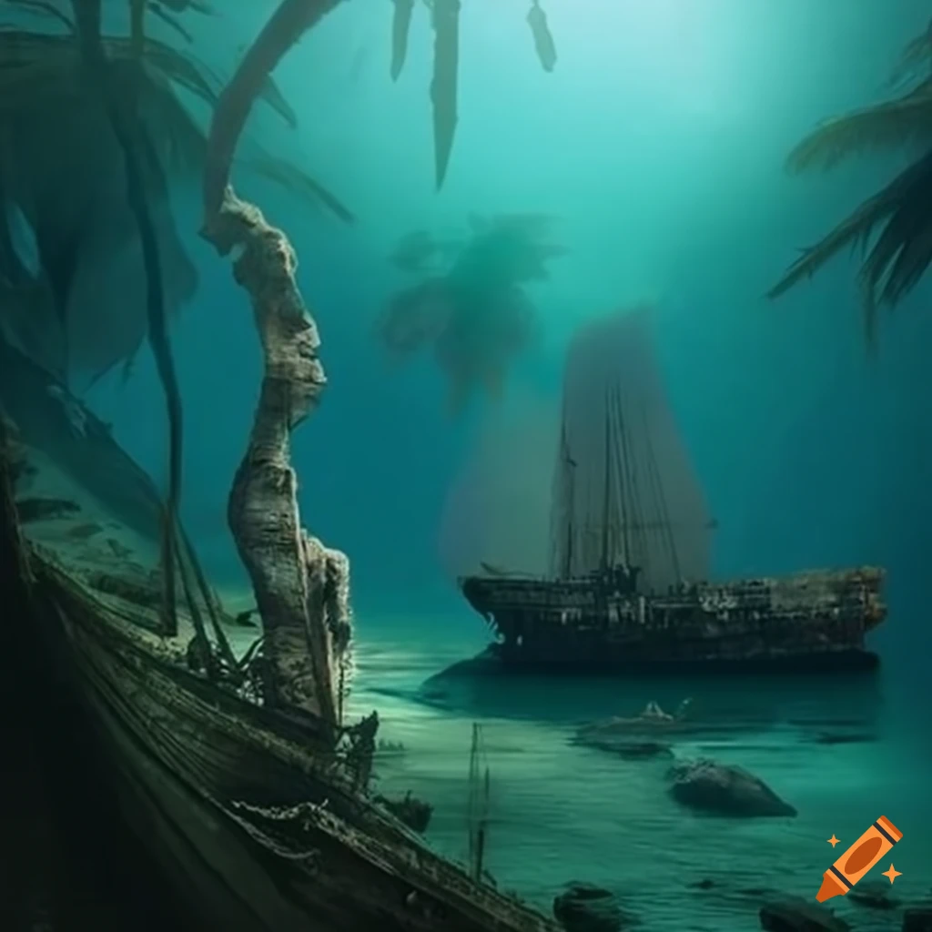 haunting depiction of a lost tropical paradise with wrecked ships