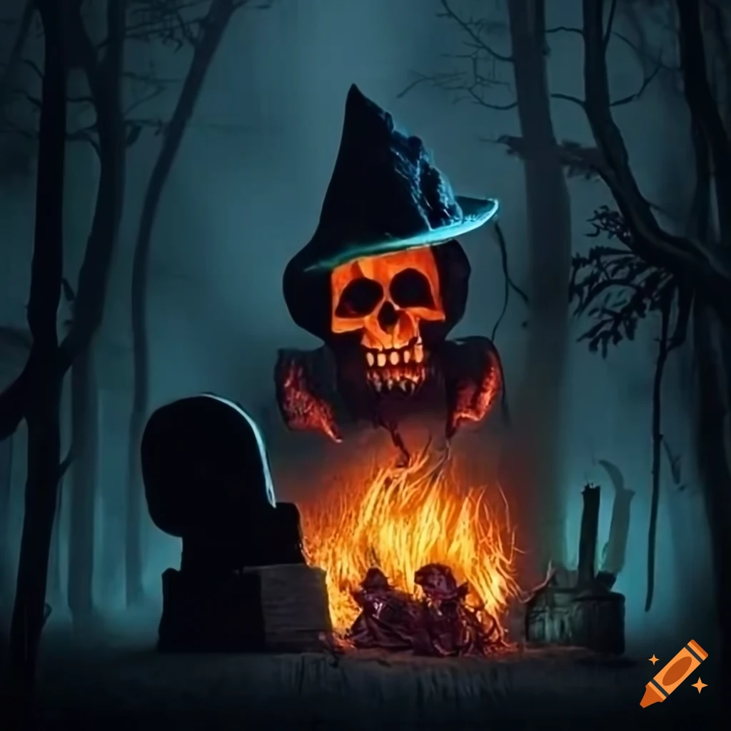 halloween scene with skulls, pumpkin puppet, and bonfires