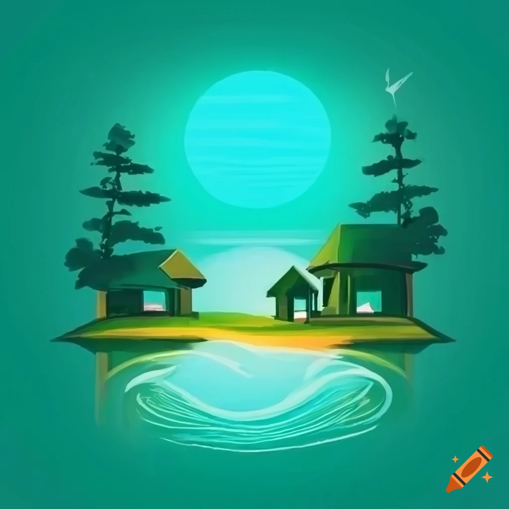 vector logo with trees, houses, water, green ground