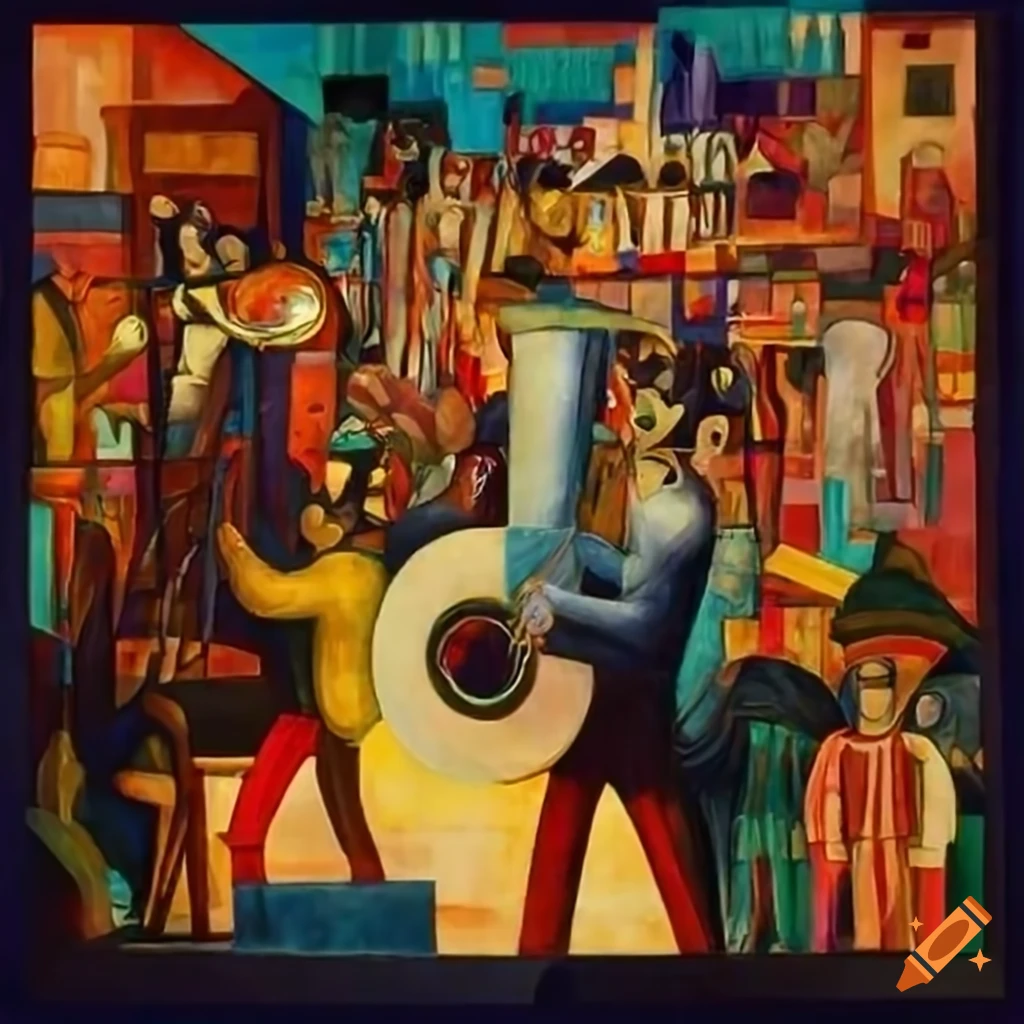 Wifredo Lam and Diego Rivera-inspired painting of a marching band in a city